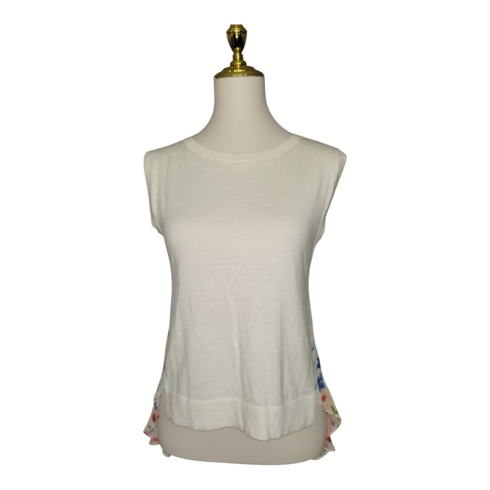 Theory White‎ Sleeveless Cotton Cashmere Silk Floral Back Hem Tank Top Size P